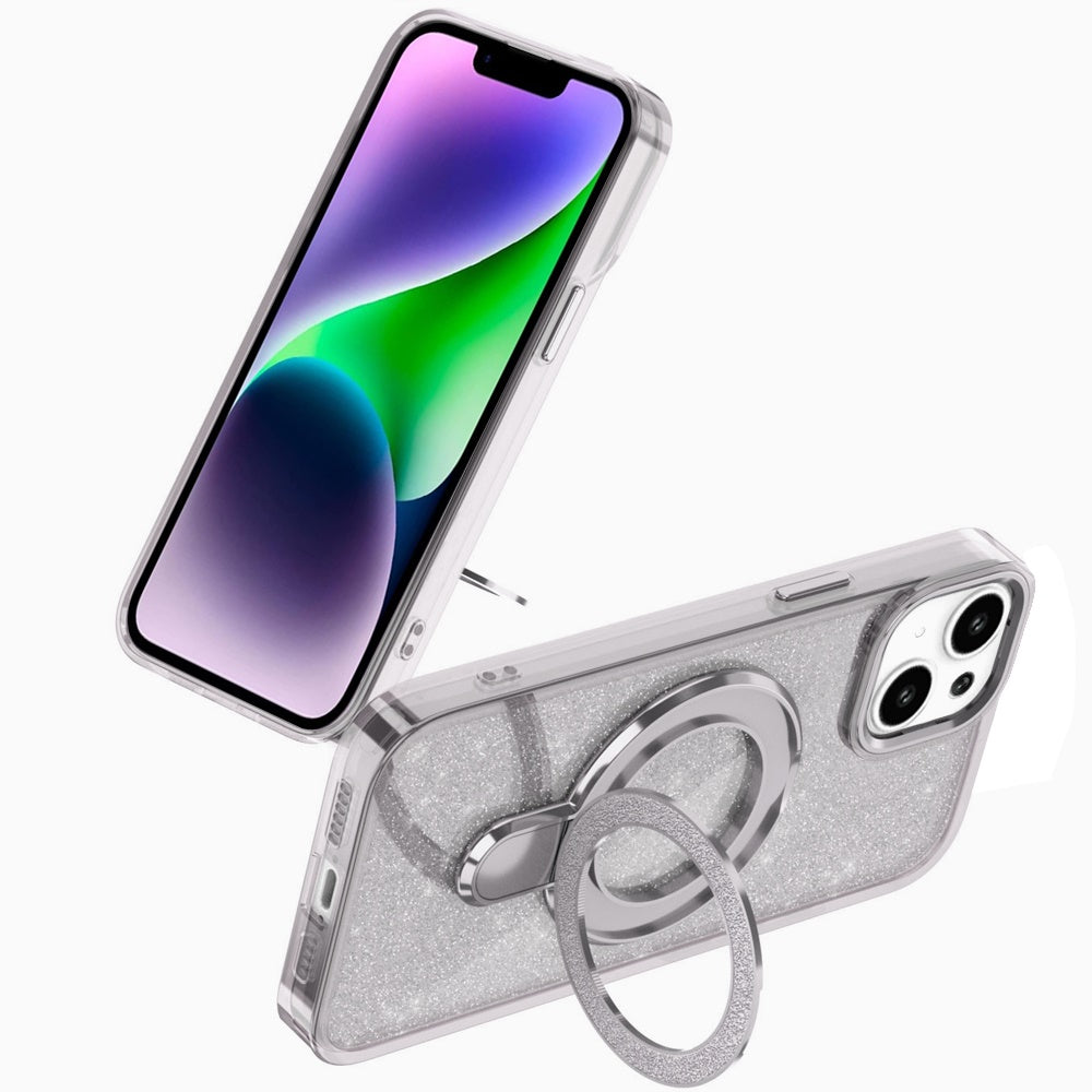For Apple iPhone 14 /13 Transparent Glitter Bling Case with Rotating Magnetic Ring Stand, Shockproof Hybrid Case Cover