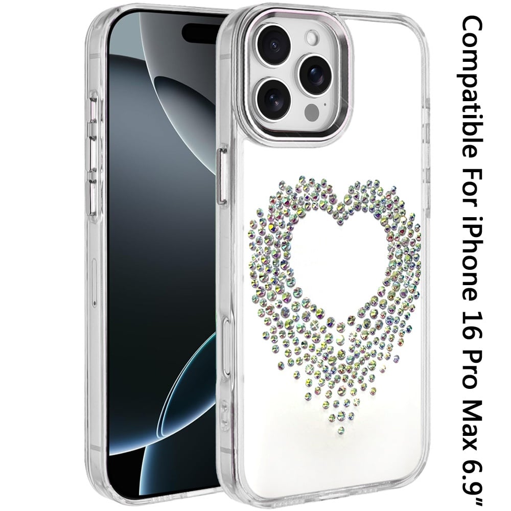 For iPhone 16 Pro Max (6.9") Angel Hearts Bling Glitter Diamond Hybrid TPU Cover, Colorful Frame Shockproof Protective Back Case Cover Silver