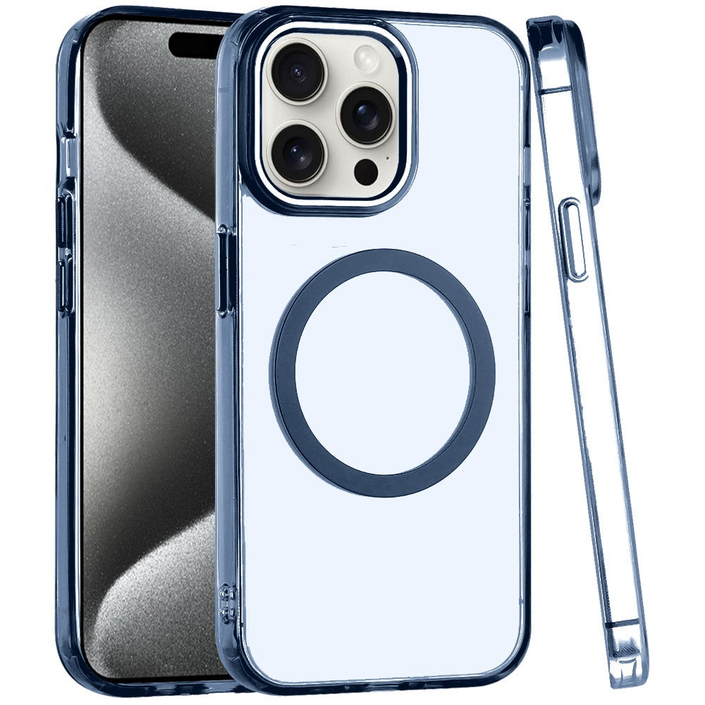 For Apple iPhone 12 Pro Max Transparent Back Hybrid Case - Magnetic Circle, Color Frame, Metal Buttons, MagSafe Compatible Case Cover