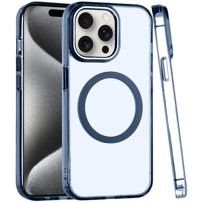 For Apple iPhone 13 Pro Max Transparent Back Hybrid Case - Magnetic Circle, Color Frame, Metal Buttons, MagSafe Compatible Case Cover