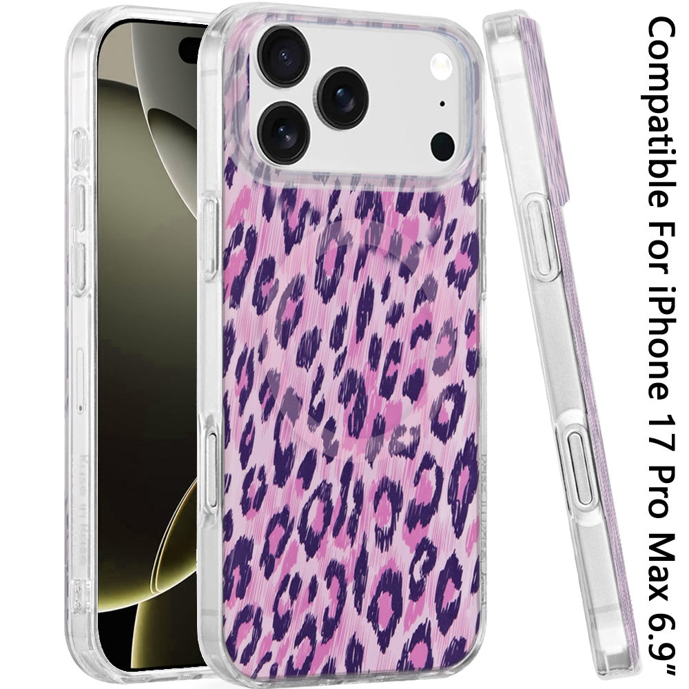 For Apple iPhone 17 Pro Max Stylish Pattern Fashion IMD Printed Design TPU Double Layer Slim Shockproof with Magnetic Back Case Cover Pink Leopard