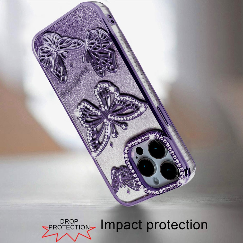 For iPhone 14 Pro Max (6.7") Luxury Butterfly Sparkle Glitter Diamond Crystal Rhinestone Shimmer Bling Plating Thick TPU Hard PC Case Cover