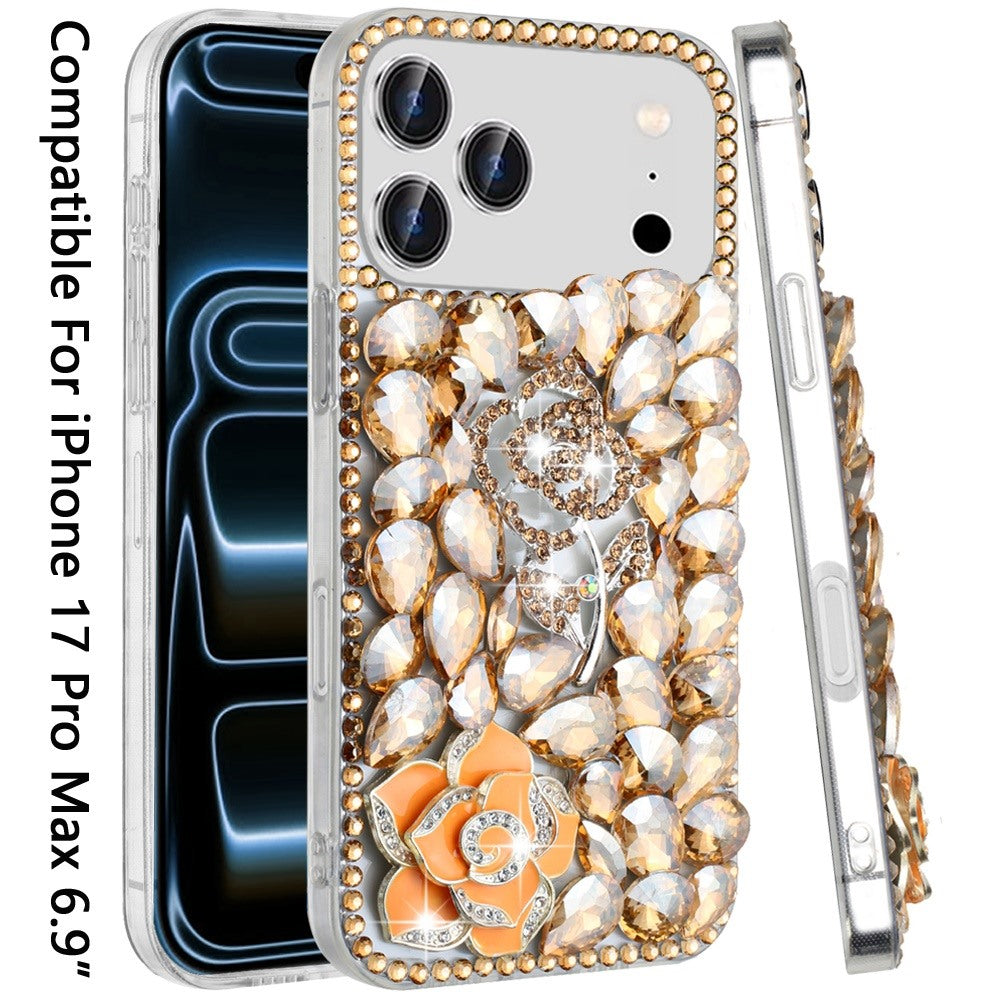 For Apple iPhone 17 Pro Max (6.9") Bling Crystal 3D Full Diamonds Luxury Sparkle Rhinestone Hybrid Protective Case Cover