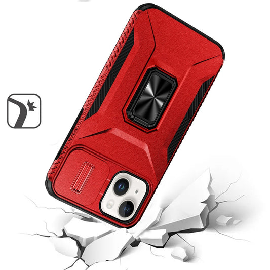 For Apple iPhone 15 Case, Camera Cover with Magnetic Rotation Ring Stand, Military Grade Hybrid Hard TPU Shockproof Case Cover Red