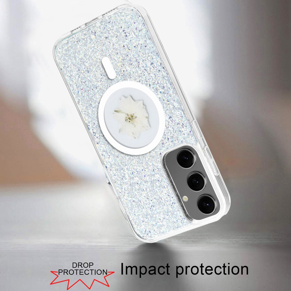 For Samsung Galaxy S24+ Plus MagSafe Compatible Glitter Flower Epoxy Hybrid Slim TPU Case, Magnetic Circle Design, Sparkly Bling Protective Case Cover Silver