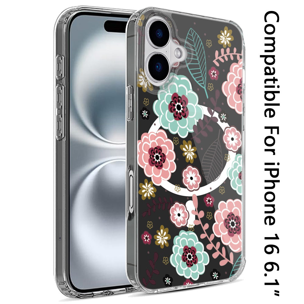 For iPhone 16 (6.1") Hybrid Flower Design Stylish Fashion Case, MagSafe Compatible, Thick Shockproof Hard PC Case Cover Colorful Flower