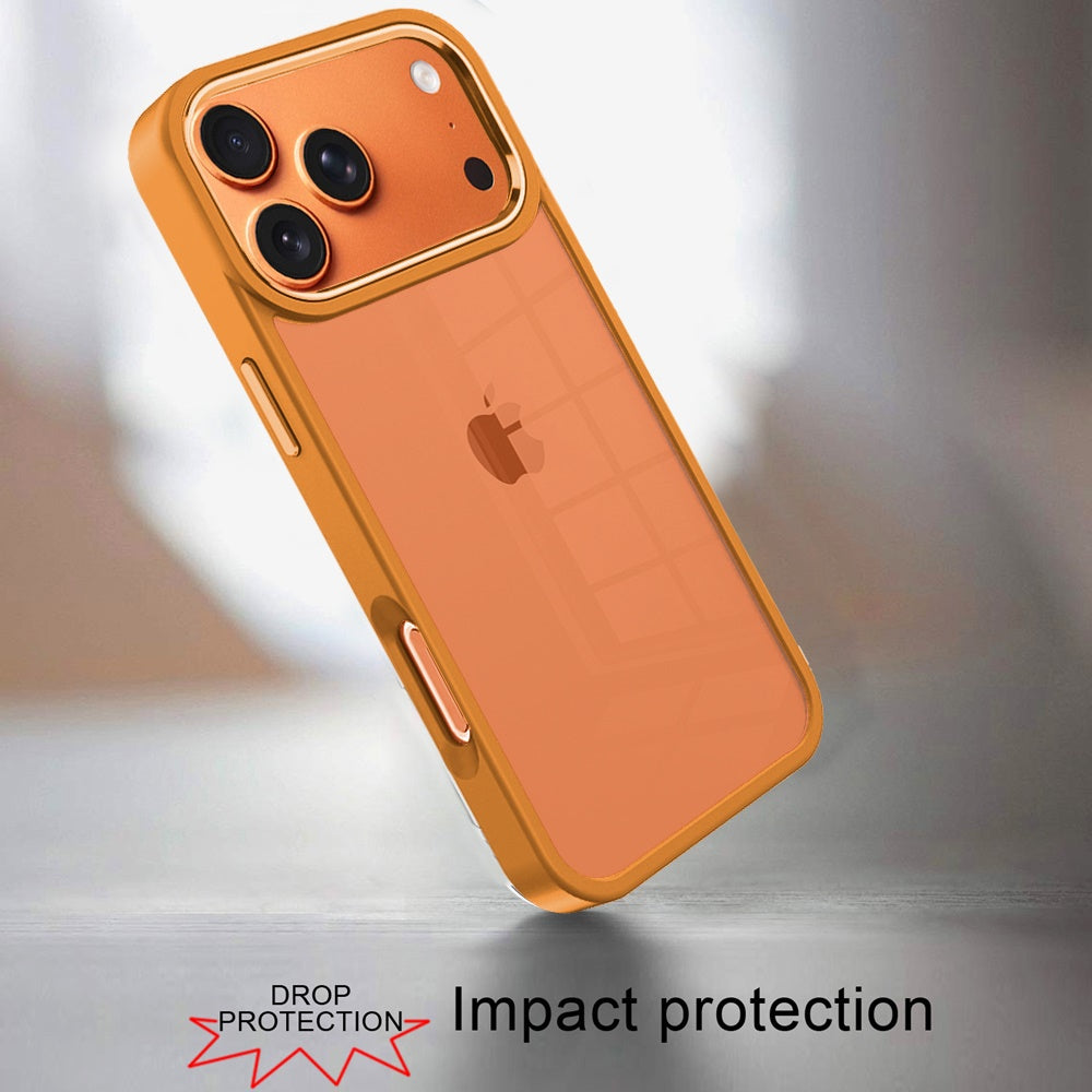 For Apple iPhone 17 Pro (6.3") Slim Fit Hybrid Transparent Thick Acrylic with Metal Buttons Frame Protective Hard PC + TPU Shockproof Case Cover Cosmic Orange