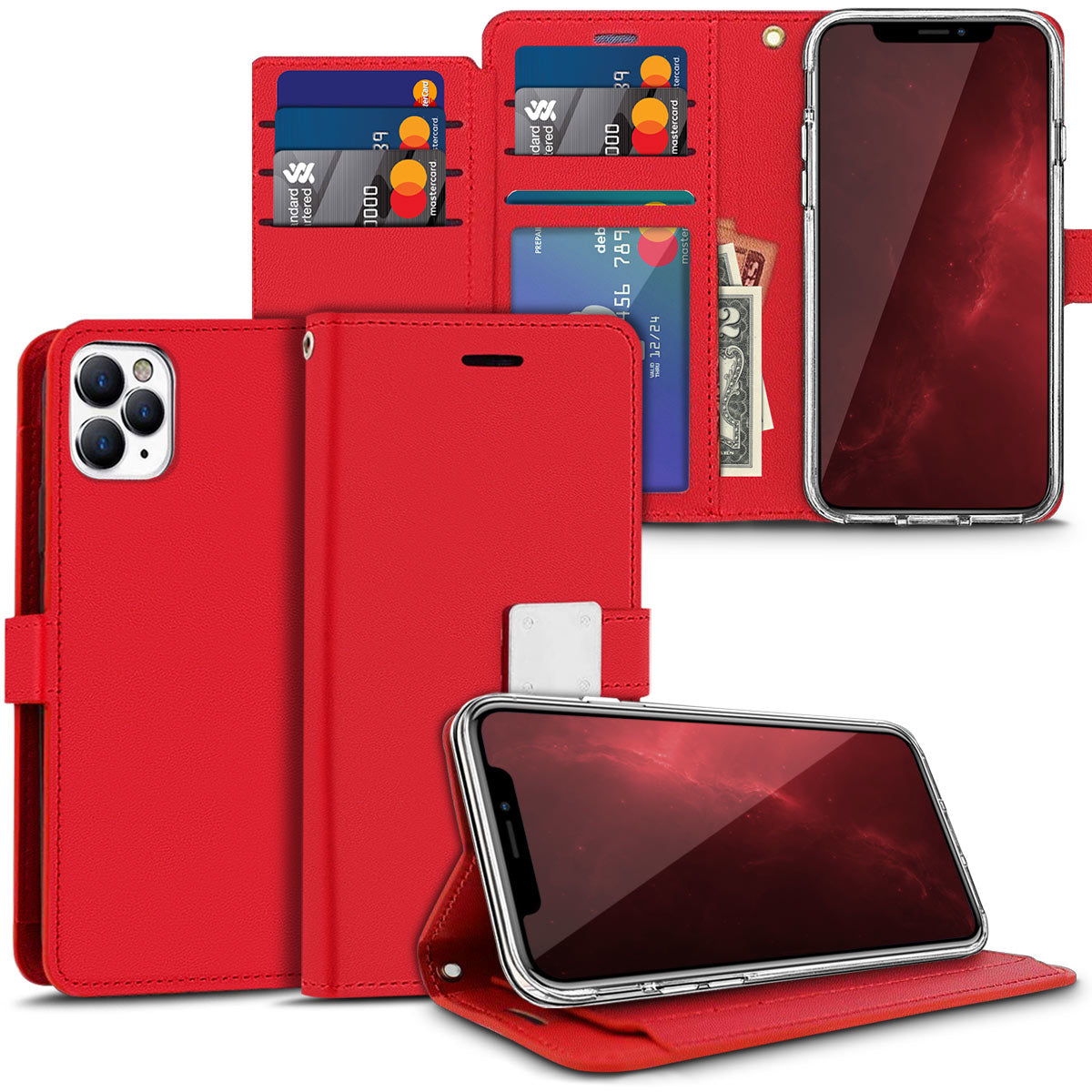 For Motorola Moto G Power 5G 2026 PU leather Wallet 6 Card Slots folio with Wrist Strap & Kickstand Pouch Flip Shockproof Case Cover Red
