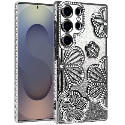 For Samsung Galaxy S25 Ultra Luxury Flower Design Sparkle Glitter Diamond Rhinestone Shimmer Bling Plating Thick TPU Hard PC Case Cover