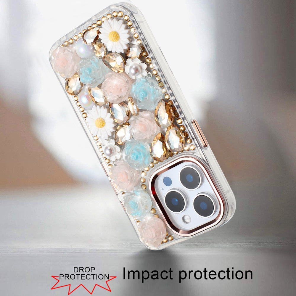 For Apple iPhone 13 Pro Max Fashion Daisy Floral Series, Full 3D Bling Crystal Diamonds Sparkling Rhinestone Glitter Hybrid Design Case Cover Gold