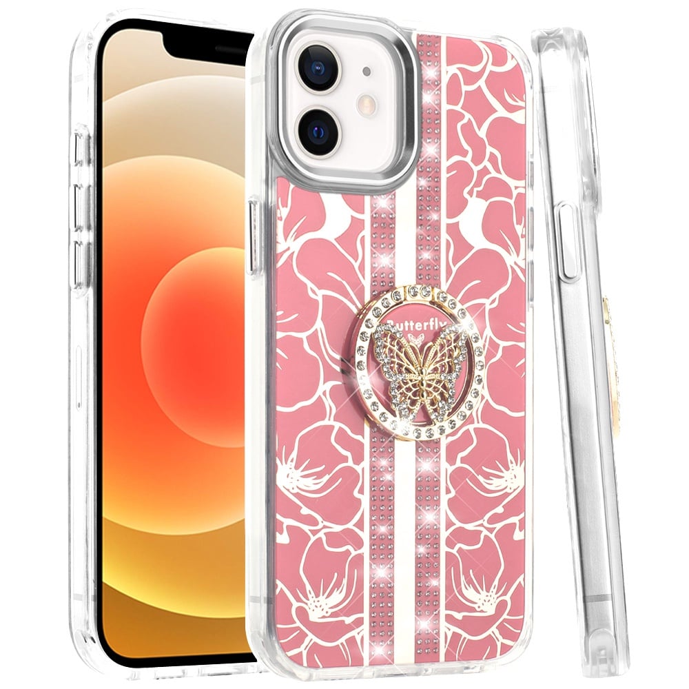 For iPhone 12 / iPhone 12 Pro (6.1") Diamonds 3D Butterfly Floral Design Bling Sparkly Glitter Hybrid Metal Fashion with Ring Stand Case Cover