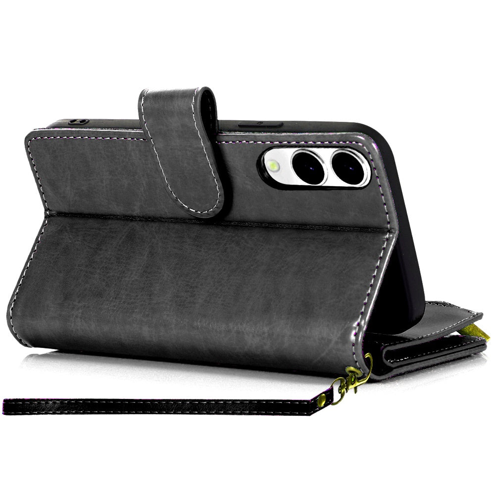 For Samsung Galaxy S25 EDGE Leather Wallet Case with Zipper, 9 Card Slots, Cash Pocket, Stand & Strap, Clutch Pouch Design Case Cover Black