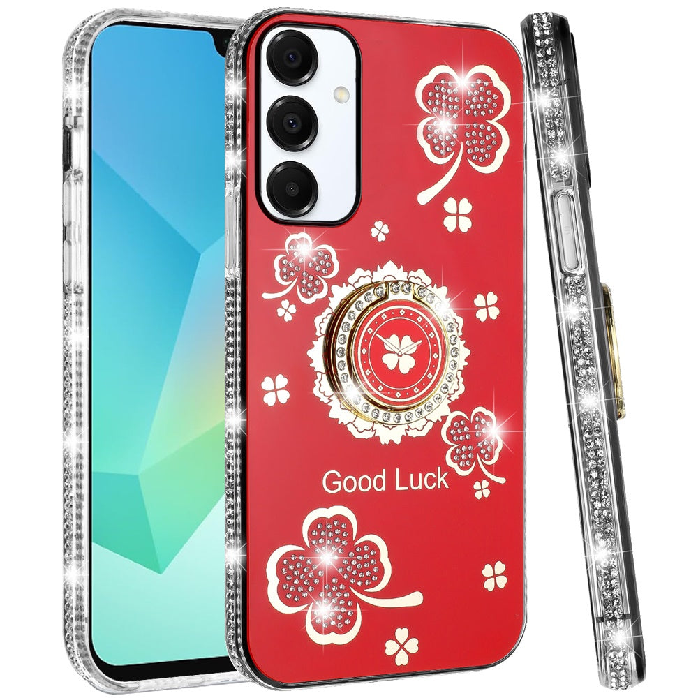 For Samsung Galaxy A16 5G Diamonds Bling All Around Edges Sparkly Glitter Hybrid with Ring Stand Holder Fashion Good Luck Case Cover