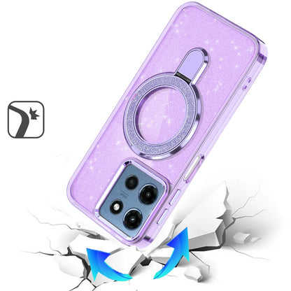 For Motorola Moto G 5G 2025 Transparent Glitter Bling Case with Rotating Magnetic Ring Stand, Shockproof Hybrid Case Cover