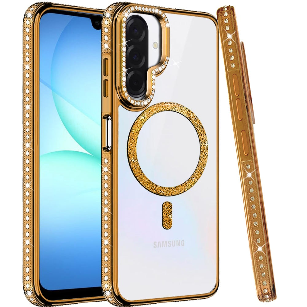Phone Case for Samsung Galaxy A17 5G Luxury Diamond Bling Edged Magnetic Glitter Shockproof Hybrid with Camera Kickstand Durable Grip Cover
