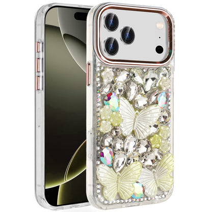 For Apple iPhone 17 Pro (6.3") 3D Diamond Floral Butterfly Bling Stone Hybrid, Sparkly Rhinestone Gemstone Back Shockproof Case Cover Rose Gold