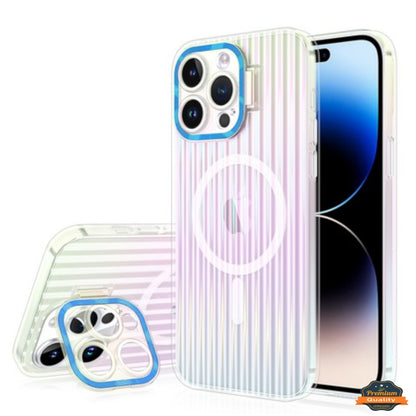 For Apple iPhone 15 (6.1") Built-in Camera Kickstand Clip Shockproof Iridescent Holographic Colorful TPU Slim Protective  Phone Case Cover