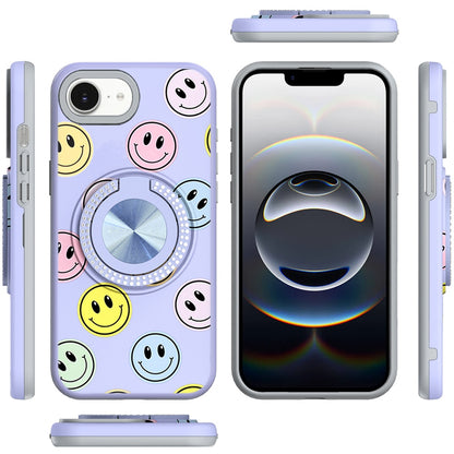 For Apple iPhone 16e Pattern Design Hybrid with Invisible Ring Stand & Magnetic Back, Shockproof Protective Grip Case Cover Emoji Smile Face