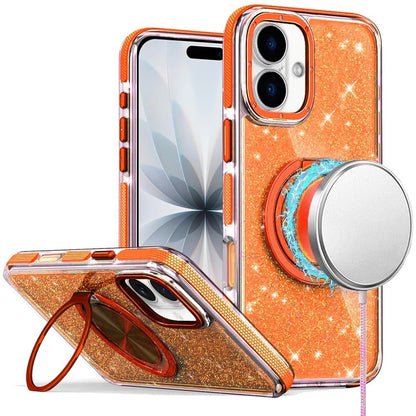 For Apple iPhone 17 (6.3") Slim Bling Glitter Sparkly Shimmer Hybrid with Magnetic Ring and 360° Rotational Stand [Compatible with Magsafe] Case Cover Cosmic Orange