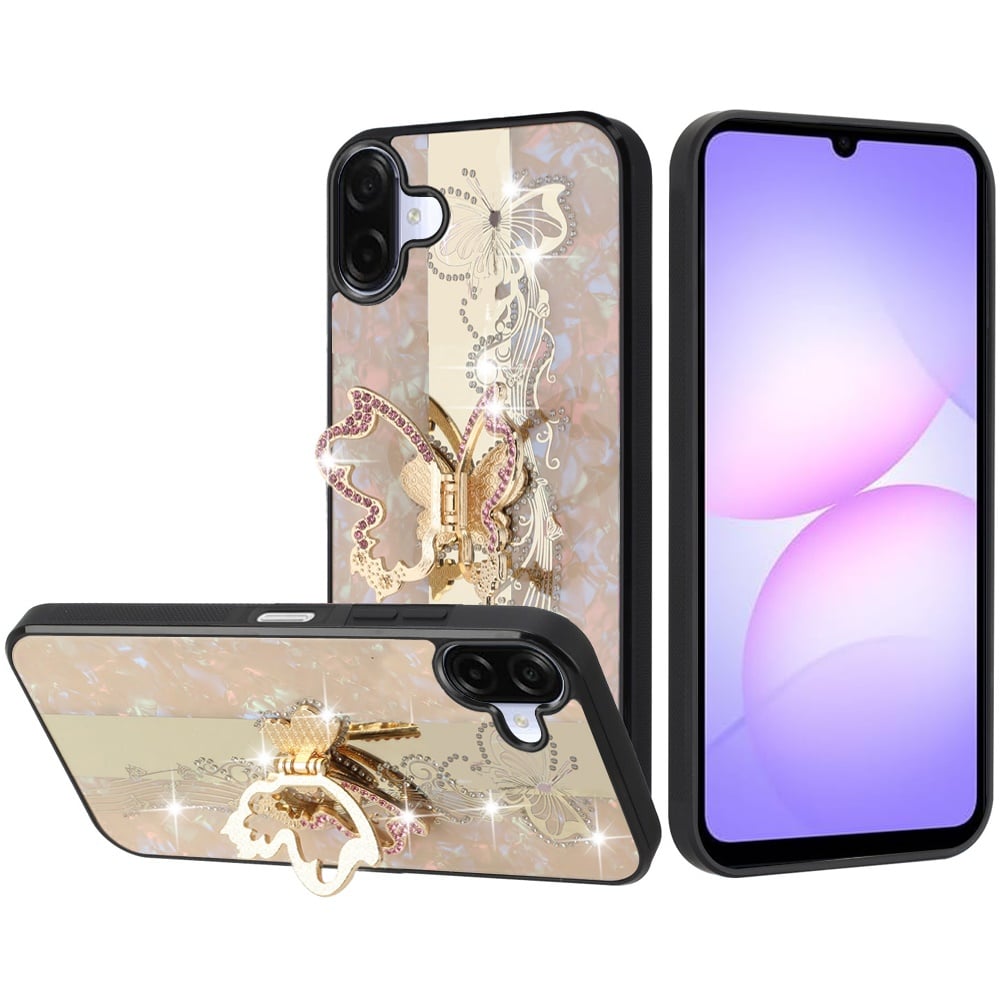 For Samsung Galaxy A07 Diamonds 3D Fashion Bling Sparkly Glitter Ornaments Engraving Hybrid with Ring Stand Case Cover