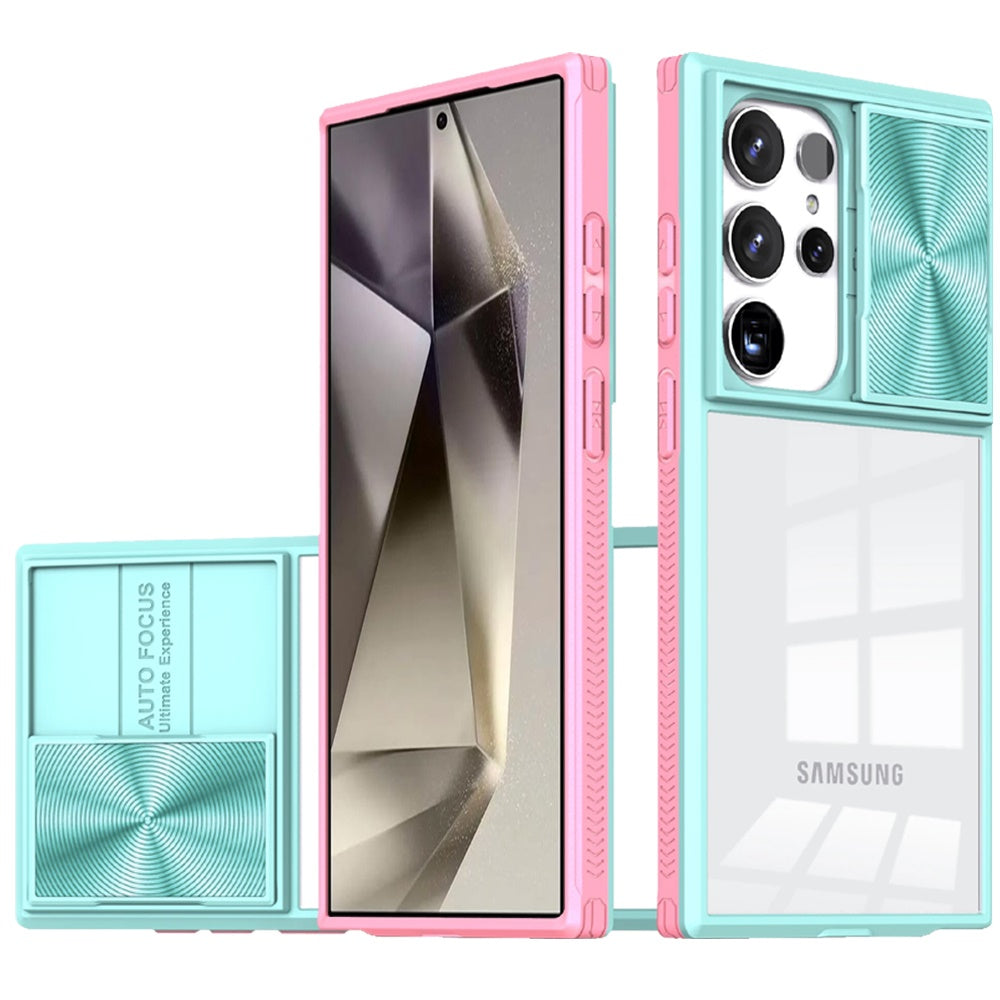 For Samsung Galaxy S25 Ultra Hybrid Cases with Sliding Camera Cover Transparent Shockproof Bumper TPU Protective Case Cover Pink/Blue