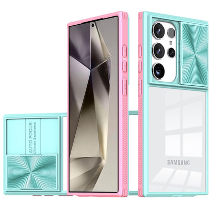 For Samsung Galaxy S25 Ultra Hybrid Cases with Sliding Camera Cover Transparent Shockproof Bumper TPU Protective Case Cover Pink/Blue