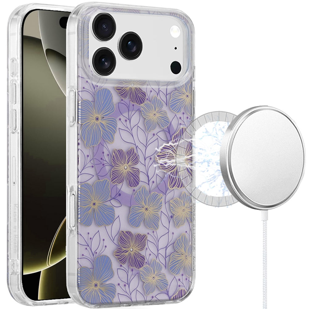 For Apple iPhone 17 Stylish Pattern Fashion IMD Printed Design TPU Double Layer Slim Shockproof with Magnetic Back Case Cover Purple Flower