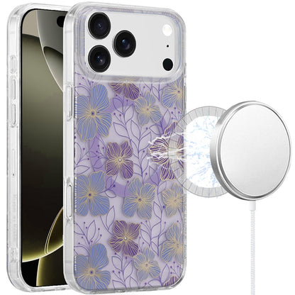 For Apple iPhone 17 Pro Stylish Pattern Fashion IMD Printed Design TPU Double Layer Slim Shockproof with Magnetic Back Case Cover Purple Flower