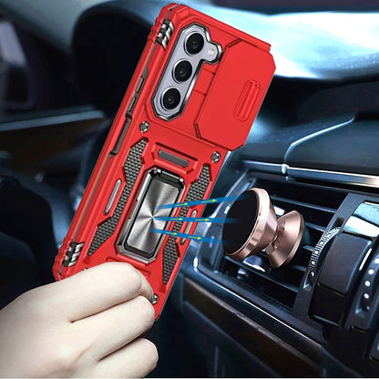 For Samsung Galaxy Z Fold 7 Tough Hybrid Case with Movable Camera Window & Metal Ring Stand Shockproof Case Cover Red