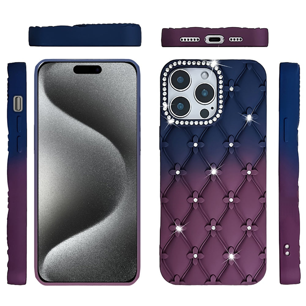For Apple iPhone 15 Pro Max Fashion Flower Design Sparkle Glitter Shimmer Rhinestone Bling Floral Accents, Leather Texture TPU Case Cover