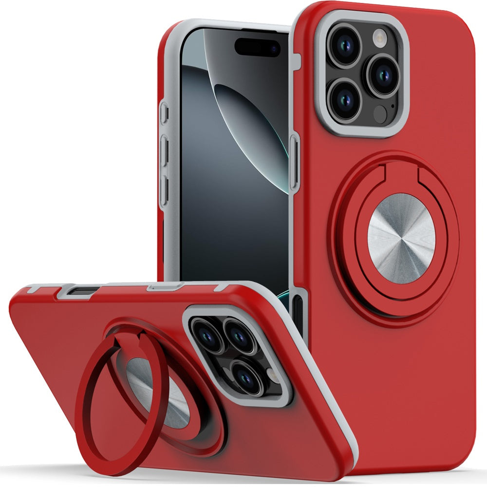 For Apple iPhone 17E /16E Metal Matte Hybrid with Invisible Rotational Ring Stand, Car Mount Friendly, Military Grade Slim Fit Sturdy Case Cover Red