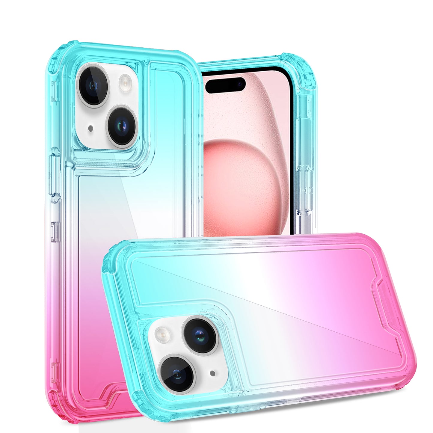 For Apple iPhone 16 Pro (6.3") Hybrid 3in1 Clear Two Color Tone Transparent Shockproof Rubber TPU + Hard Protective Frame Case Cover Blue Teal + Pink