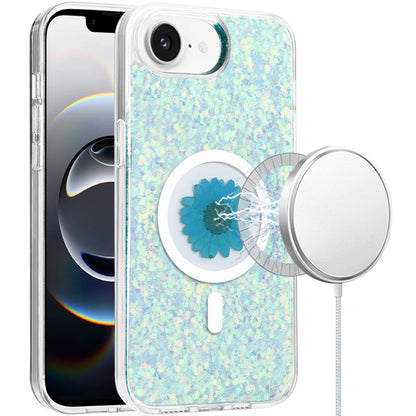 For Apple iPhone 17E /16E MagSafe Compatible Glitter Flower Epoxy Hybrid Slim TPU Case, Magnetic Circle Design, Sparkly Bling Protective Case Cover