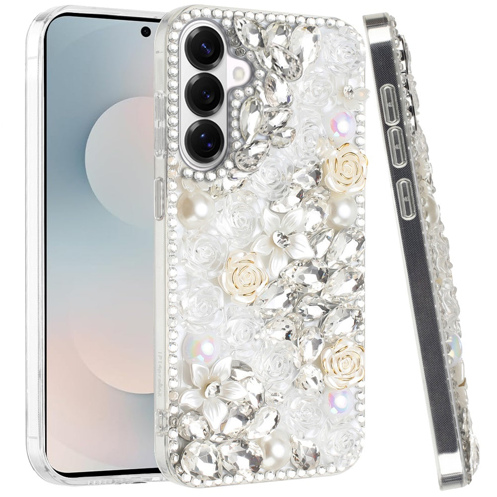 For Samsung Galaxy S26 Fashion Rose Flower Floral, 3D Bling Crystal Full Diamonds Pearl Sparkle Rhinestone Glitter Hybrid Case Cover