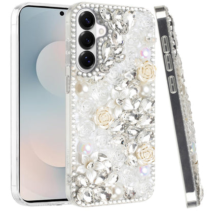 For Samsung Galaxy S26 Fashion Rose Flower Floral, 3D Bling Crystal Full Diamonds Pearl Sparkle Rhinestone Glitter Hybrid Case Cover
