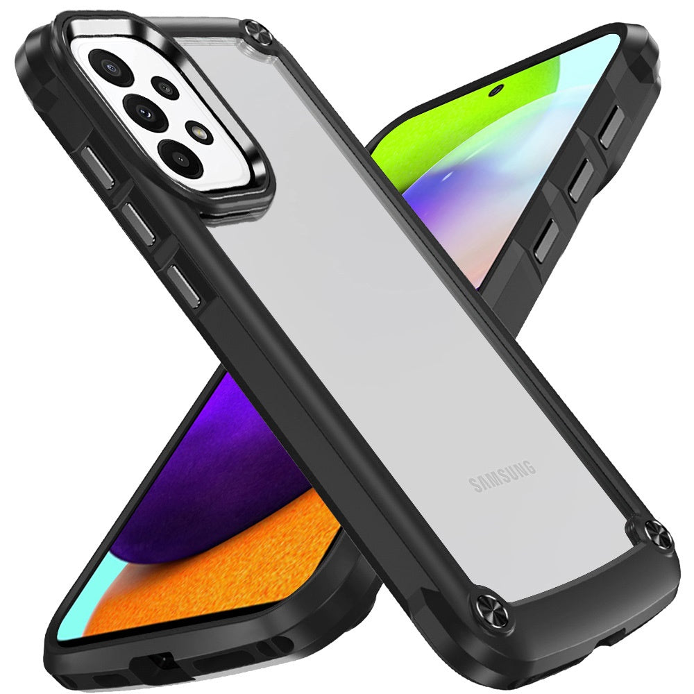 For Samsung Galaxy A52 5G Hybrid Transparent Rubber with Metal Buttons & Camera Edges Hard TPU Corner Frame Bumper Case Cover Black