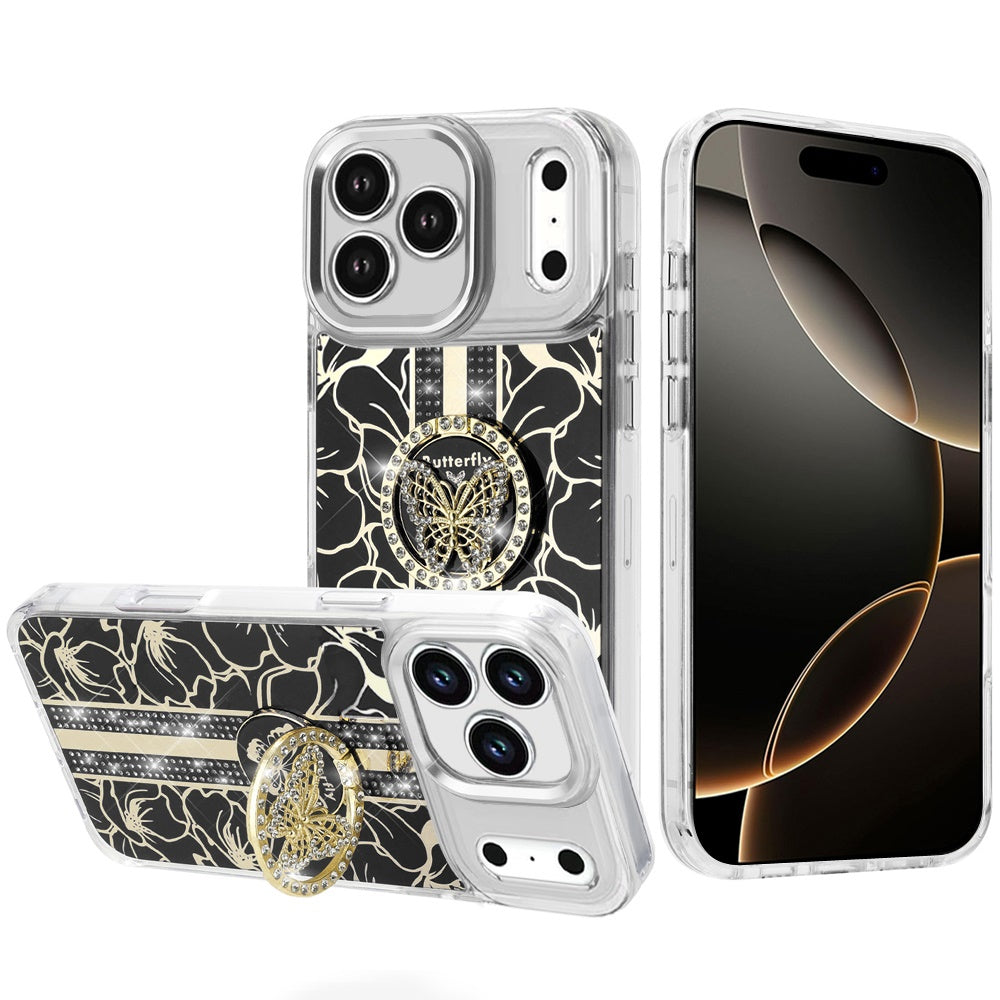 For Apple iPhone 17 Pro (6.3") Diamonds 3D Butterfly Floral Design Bling Sparkly Glitter Hybrid Metal Fashion with Ring Stand Case Cover