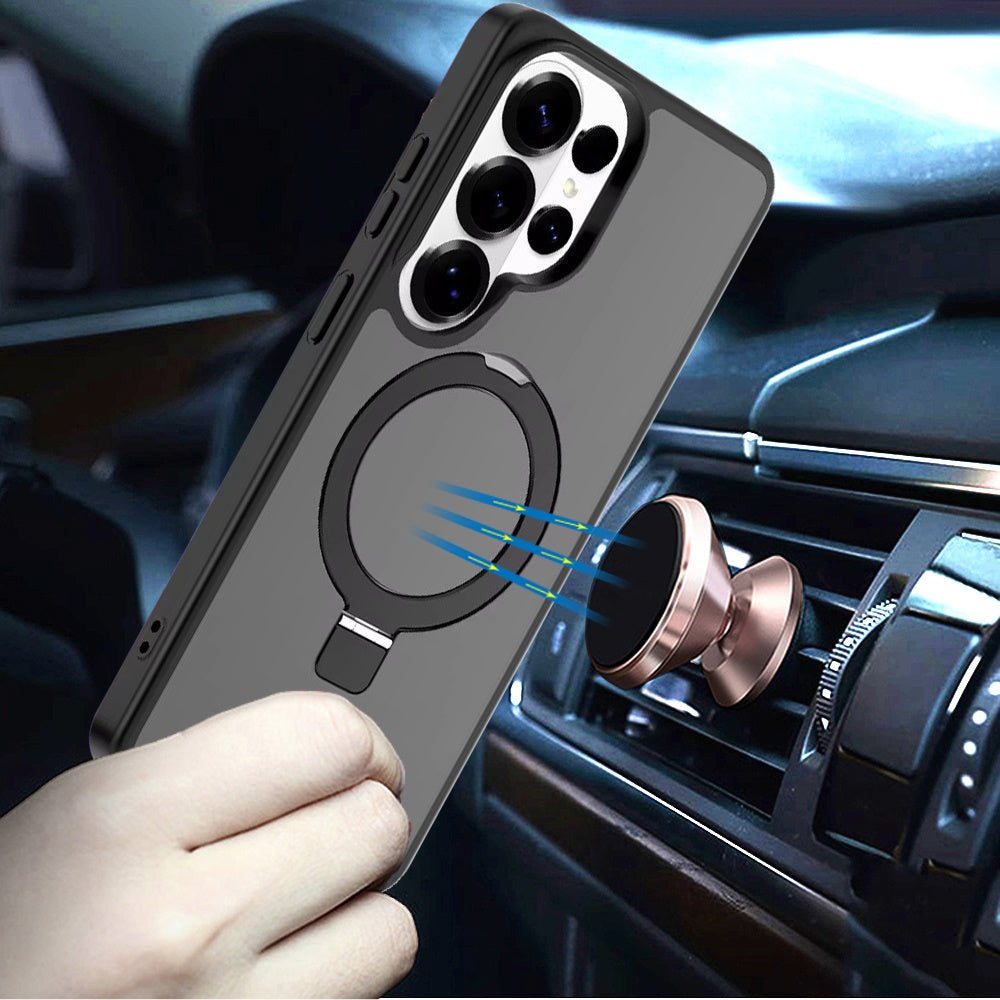 For Samsung Galaxy S26 Ultra Magnetic Circle Back with Ring Stand Full Rotation Matte Hybrid Shockproof Case Cover