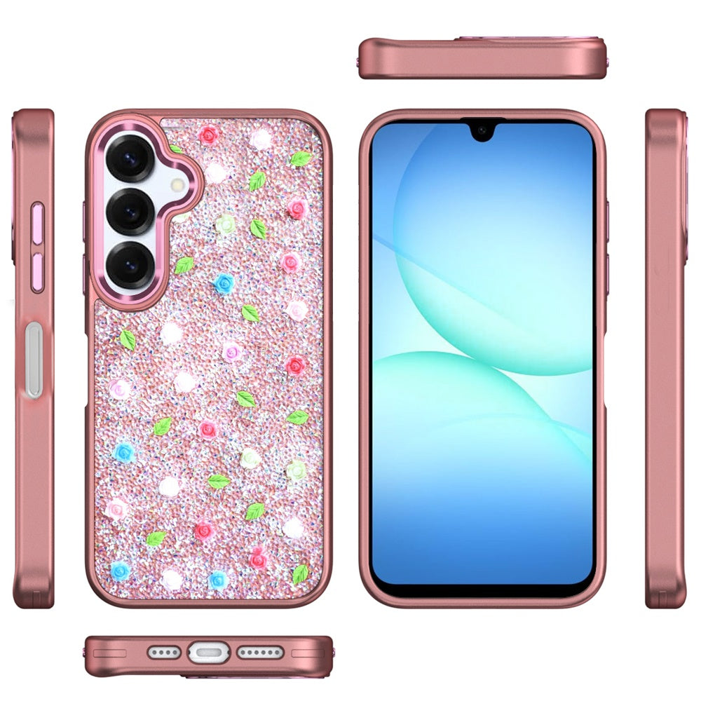 For Samsung Galaxy A17 5G Floral Design Embedded Glass Diamond Fancy Fashion Glitter Bling Sparkly Hybrid Rugged TPU Bumper Case Cover