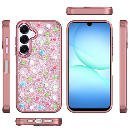 For Samsung Galaxy A17 5G Floral Design Embedded Glass Diamond Fancy Fashion Glitter Bling Sparkly Hybrid Rugged TPU Bumper Case Cover