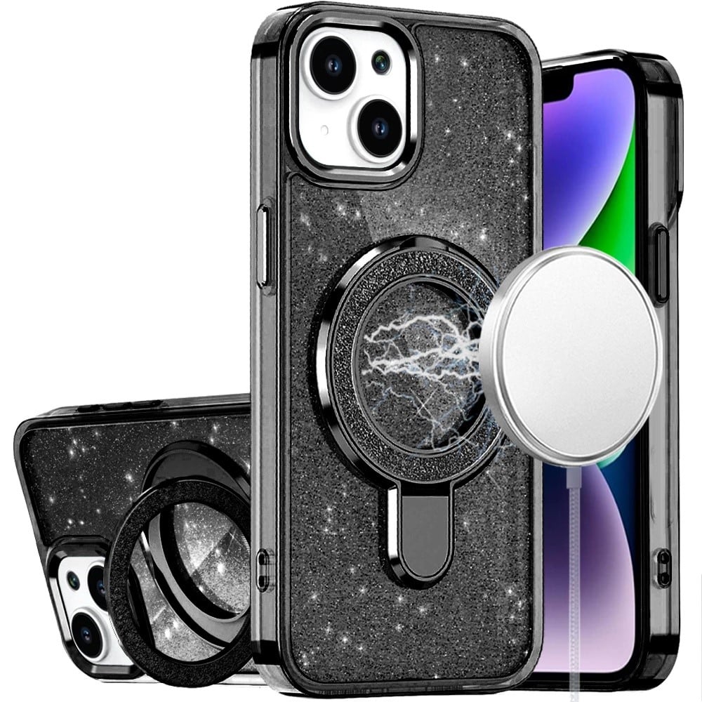 For iPhone 14/13 (6.1") Transparent Glitter Bling Case with Rotating Magnetic Ring Stand, Shockproof Hybrid Case Cover Cosmic Orange