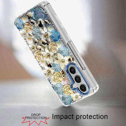 For Samsung Galaxy Z Fold 7 3D Diamond Floral Roses Flower Bling Stone Hybrid, Sparkly Rhinestone Gemstone Back Shockproof Case Cover