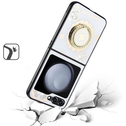 For Samsung Galaxy Z Flip 7 FE Diamonds 3D Fashion Floral Bling Sparkly Glitter Ornaments Engraving Hybrid with Ring Stand Case Cover White Good Luck Floral