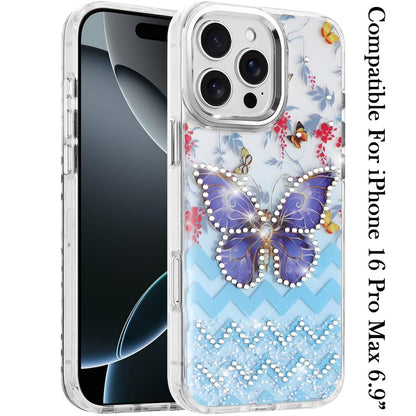 For iPhone 16 Pro Max (6.9") Butterfly Resin Epoxy Diamond Design Metal Edged Hybrid Shockproof Heavy Duty Drop Protection Protector
