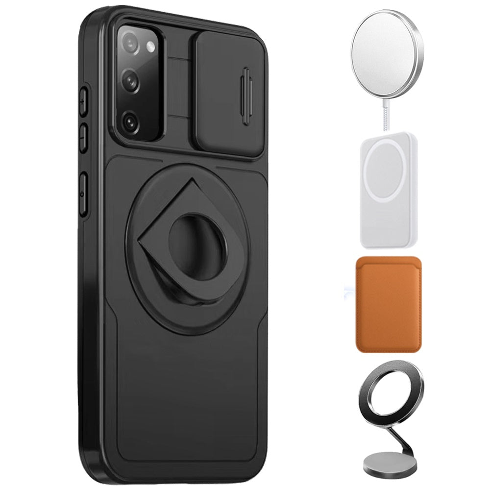 For Samsung Galaxy S21 FE /Fan Edition Full Coverage with Camera Window, Magnetic Circle, Rotatable Ring Stand, MagSafe Compatible, Shockproof Hybrid Protectiv Case Cover Black