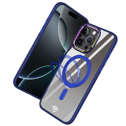 For Apple iPhone 16 Pro Magnetic Ring Stand Hybrid MagSafe Compatible Shockproof Protection Transparent Back Alloy Chrome Grip Case Cover Navy Blue