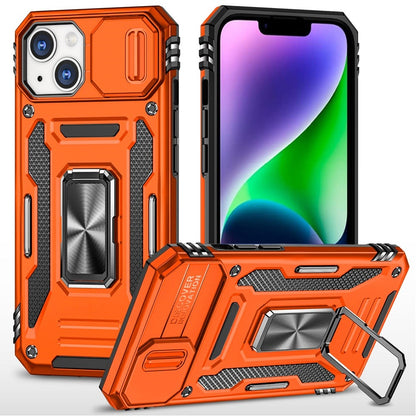 For iPhone 14/13 (6.1") Tough Hybrid Case with Movable Camera Window & Metal Ring Stand Shockproof Case Cover Cosmic Orange