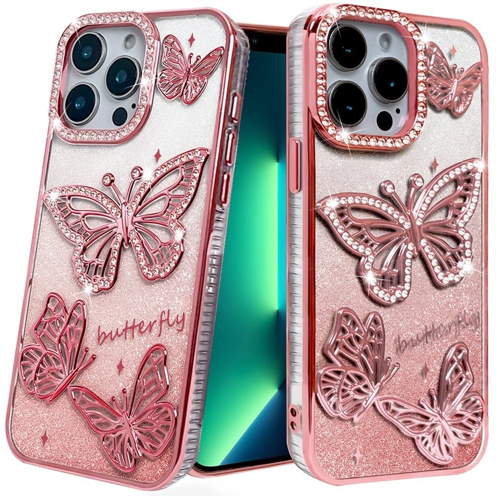For Apple iPhone 15 Pro Max Luxury Butterfly Sparkle Glitter Diamond Crystal Rhinestone Shimmer Bling Plating Thick TPU Hard PC Case Cover Rose Gold
