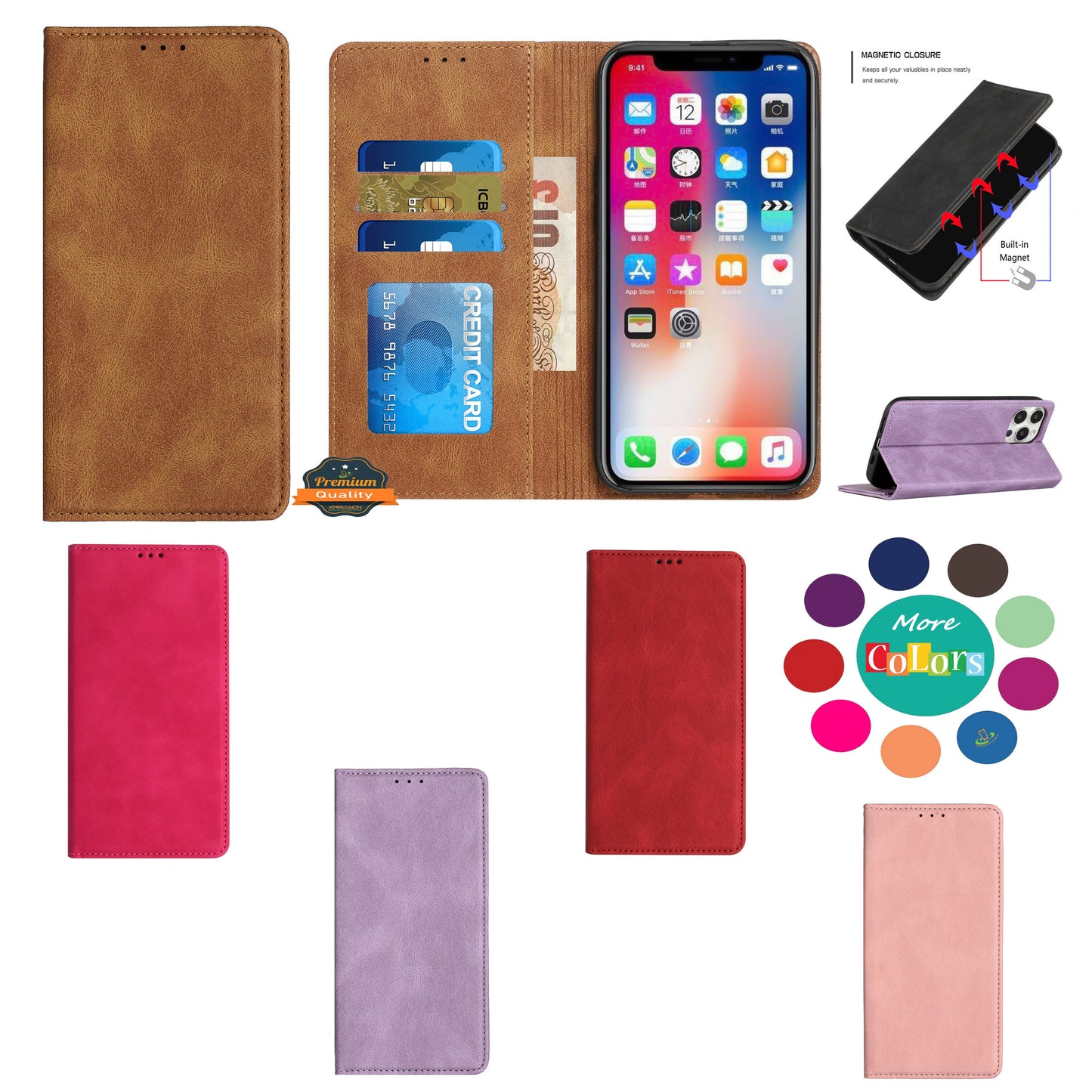 For Apple iPhone 16 Pro (6.3") PU Leather Pouch Flip Folio Wallet ID Credit Card Slots Money Holder with Magnetic Closure & Kickstand Case Cover