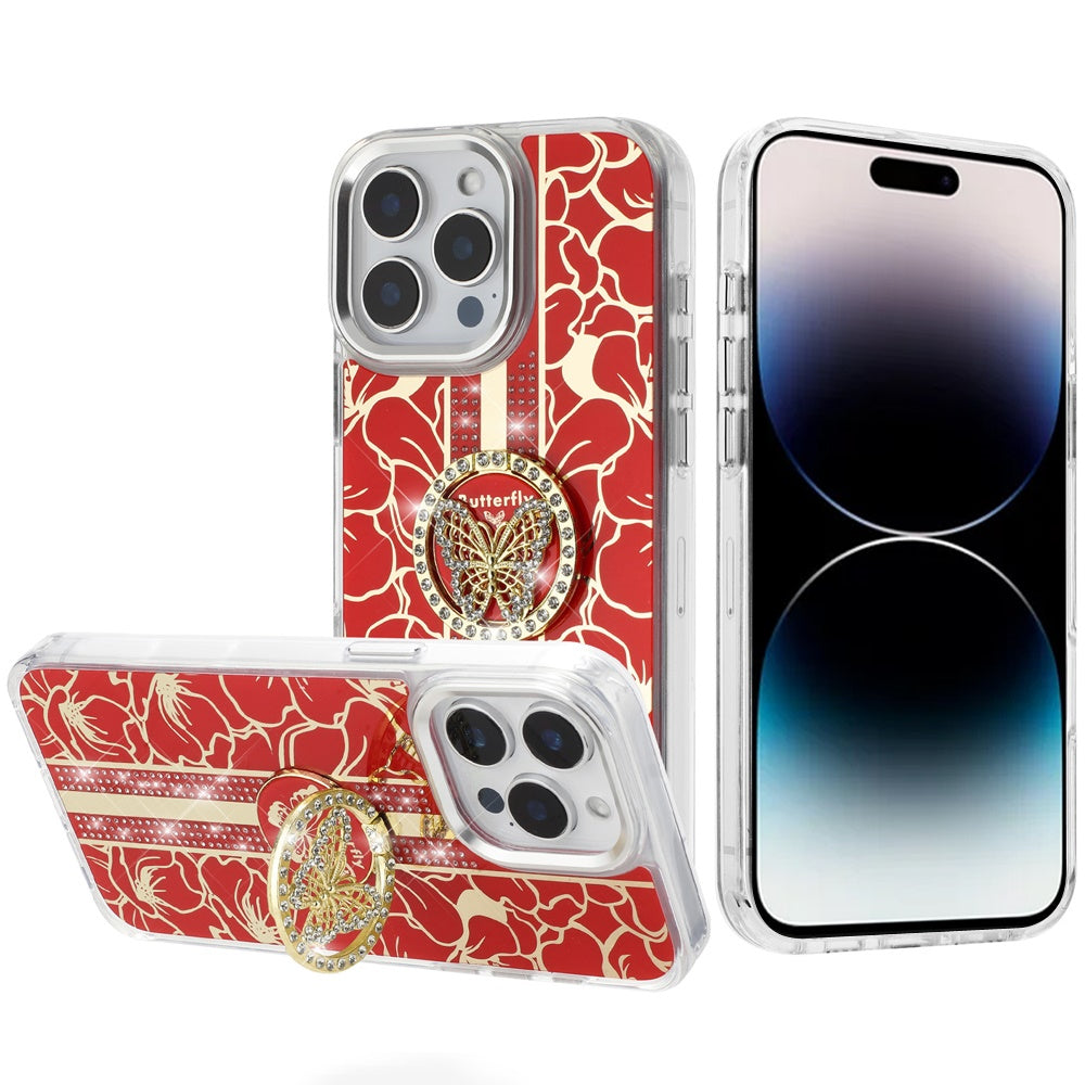 For Samsung Galaxy A37 Diamonds 3D Butterfly Floral Design Bling Sparkly Glitter Hybrid Metal Fashion with Ring Stand Case Cover